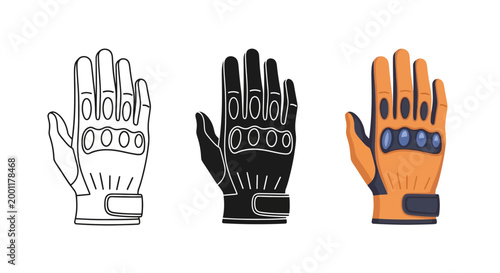 Set of professional motorcycle riding gloves shown as outline silhouette and colorful flat vector illustration style icons for your extreme sports and tactical equipment design projects