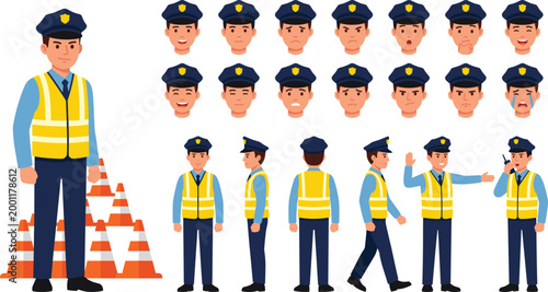 Cartoon Traffic Police Officer Character Collection Set with Multiple Facial Expressions and Body Poses Wearing Yellow Vest Vector Illustration on White Background