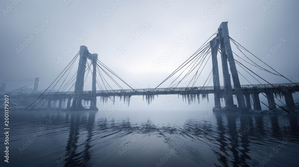 Obraz premium A stunning image of a bridge, perfectly reflecting in the water, under a gloomy sky 