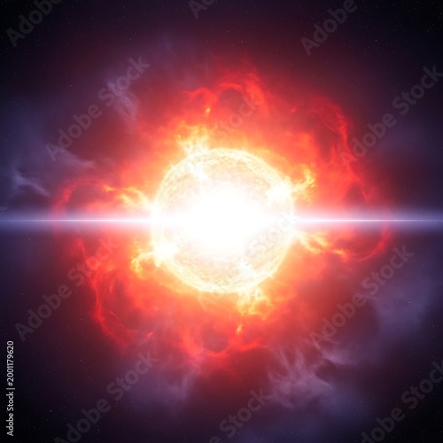 Vibrant solar flare eruption with fiery orange and red flames surrounding a bright white sun intense energy release in space
