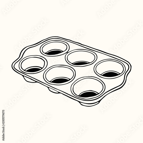 A six cup muffin or cupcake baking pan is drawn in a minimalist line art style. This hand drawn vector illustration is perfect for recipes, bakery menus, and home cooking blogs
