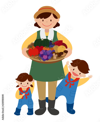 たっぷりの秋の味覚（野菜・果物）を収穫して喜ぶ親子（お母さんと子供）のイラスト