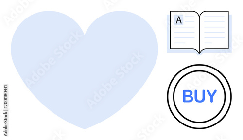 E-commerce, online learning, health, digital interactions, education, shopping. A blue heart, open book and buy button symbols. E-commerce and online learning are conveyed through clear icons