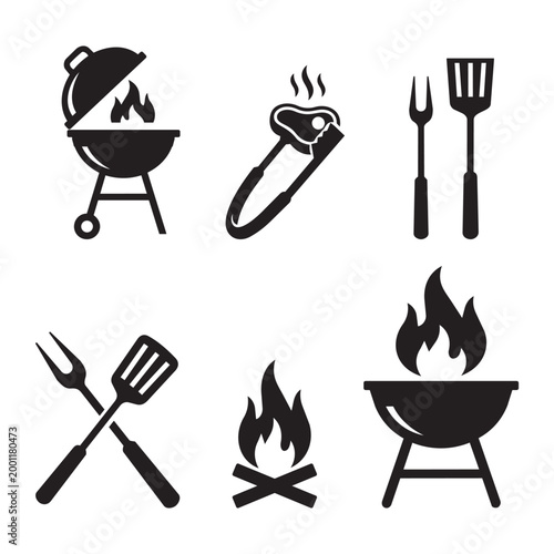 Barbecue Grill and BBQ Tool Icon Set for Picnic and Outdoor Cooking Design