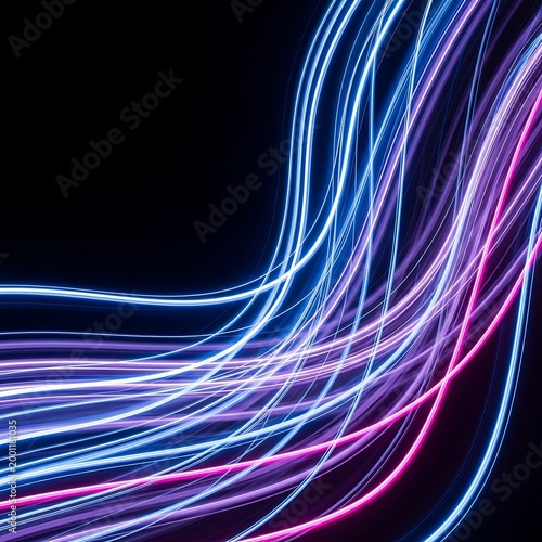 Vibrant blue and pink neon light trails swirl against a dark background creating a mesmerizing abstract pattern