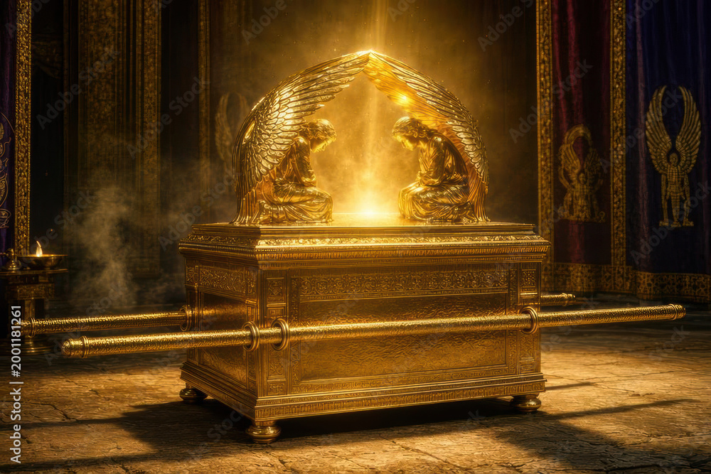 Fototapeta premium Sacred Ark of the Covenant in the Dark Holy of Holies with Golden Cherubim Bowing in Reverence and Divine Shekinah Light Pillar, Mystical Biblical Tabernacle Scene with Embroidered Cherubim Curtains
