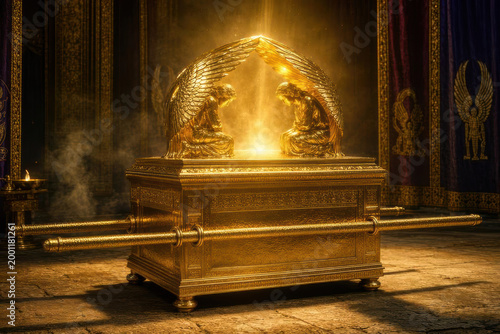 Sacred Ark of the Covenant in the Dark Holy of Holies with Golden Cherubim Bowing in Reverence and Divine Shekinah Light Pillar, Mystical Biblical Tabernacle Scene with Embroidered Cherubim Curtains