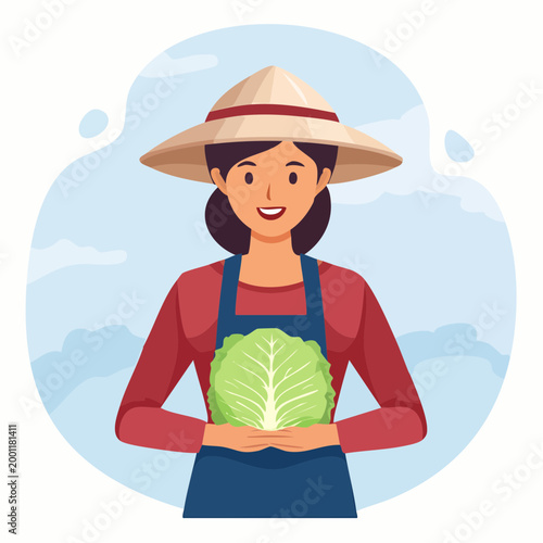 Farmer Woman Holding Fresh Cabbage