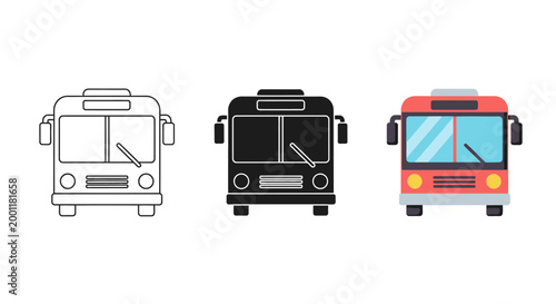 Set of three school bus vector graphic illustrations featuring clean line art silhouette style and vibrant flat colored designs for educational projects or creative website assets