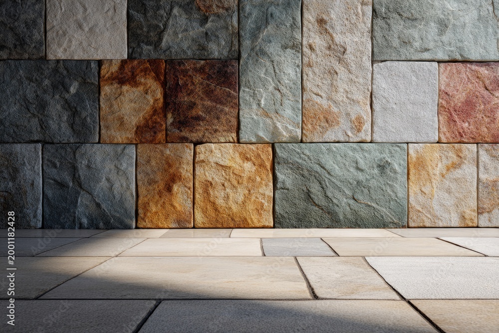 Fototapeta premium Textured stone wall and tiled floor with subtle light and shadow