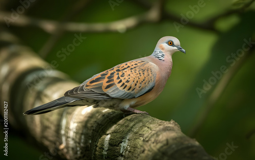 A Rufous Turtle Dove sits quietly on a tree branch, showing its beautifully patterned brown and grey feathers, creating a calm and natural scene. A bird on the branch.
