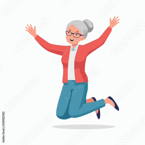 Joyful Elderly Woman Jumping with Arms Raised