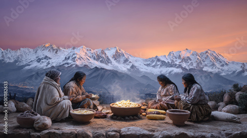 A group of women gathered, preparing food near a campfire with a snowy mountain landscape in the background. They are in traditional attire, reflecting cultural practices.