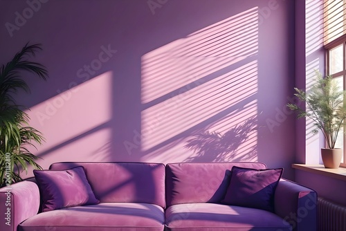 Mockup poster with shadow blinds from window , rich violet home decor, velvet sofa, luxury apartment aesthetic