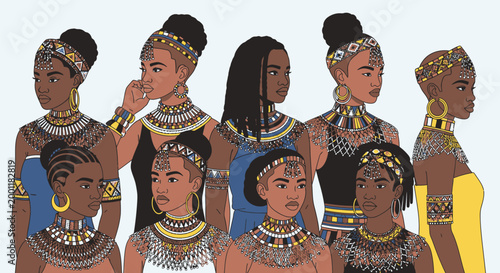 Group of Diverse African Women Illustrating Cultural Beauty and Traditional Adornment.