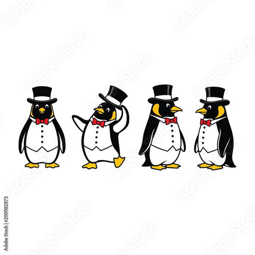 Four penguins wearing top hats and bow ties standing in a row