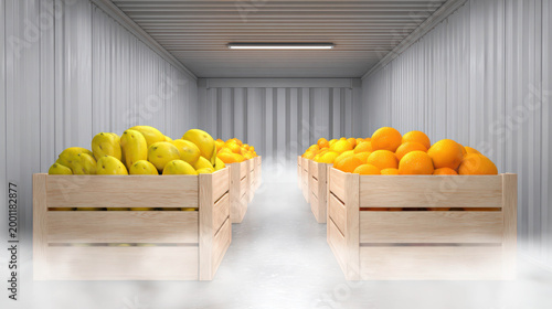 Fresh produce stored in wooden crates inside a cold storage room, showcasing food preservation and quality