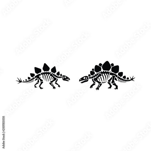 Two dinosaur skeletons walk side by side in a neutral environment.