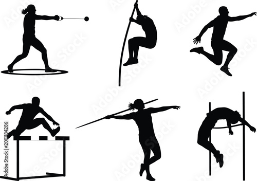 Athletics sports silhouettes with track and field pole vaulting discus throw high jump athletics silhouette hurdling competition performance movement illustration clip art recreation