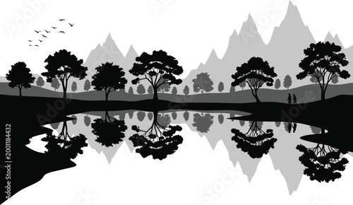 Serene mountain landscape with reflections in the water landscape mountains reflection silhouette peaceful outdoors background countryside environment serenity illustration minimalist