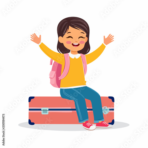 Happy Girl with Backpack Sitting on Suitcase