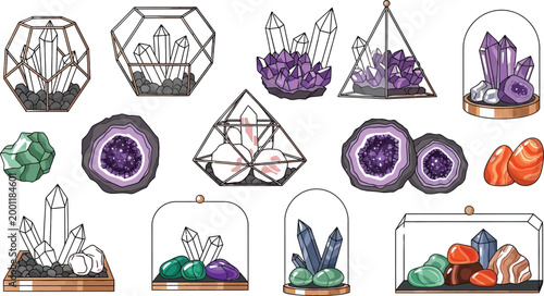 Colorful mineral crystals in display cases Vector