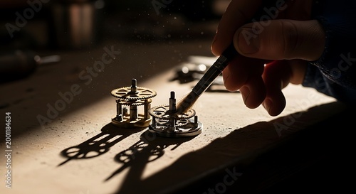 Craftsman cleaning intricate vintage watch gears with a fine brush