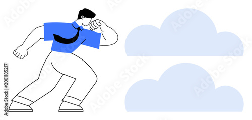 Cloud computing, business strategy, innovation, technology trends, data storage, remote access. A businessman looking into clouds with a professional pose. Cloud computing and business strategy