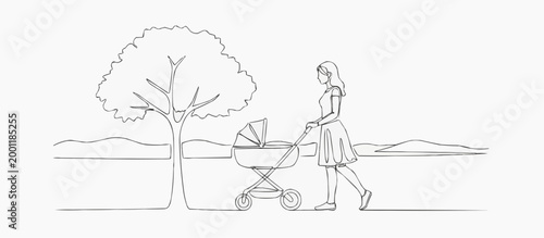 A mother strolls with baby carriage near tree in park