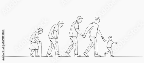The illustration depicts the various stages of life, showing a progression from infancy to old age, symbolizing the passage of time and the journey of aging