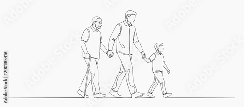 A sketch of three generations of a family happily walking together