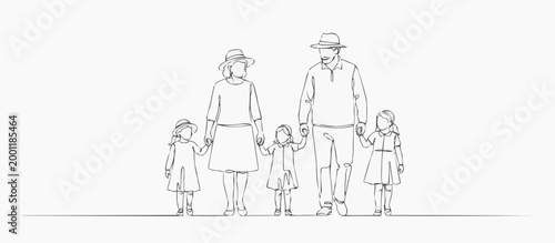 A family of five drawn in a minimalist style, standing together in unity and harmony. The line art captures the essence of togetherness, with a sense of love, support, and connection.  