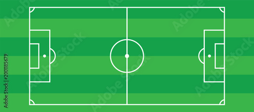 Soccer field top view vector illustration, football ground with white lines and green grass texture.