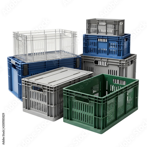 Stacked plastic crates in various colors