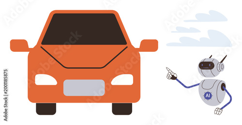 Automotive innovation, AI interaction, robotics, transportation, smart technology, driverless cars. Bright orange car and a robot pointing in a conceptual scene. Automotive innovation and AI