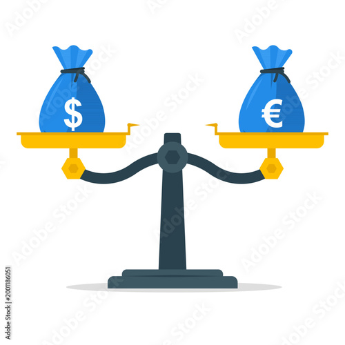 Dollar and Euro Currency Comparison on Balance Scale Illustration