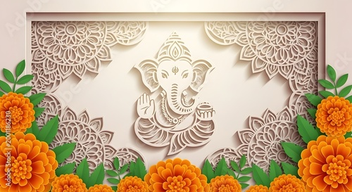 Paper Cutout Lord Ganesha Decorative Frame with Marigold Flowers Greeting