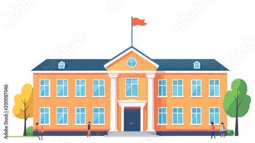 School building exterior with flag and trees, flat design vector illustration