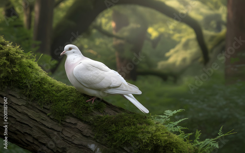 Close__up of a white pigeon on a green tree branch in the forest.