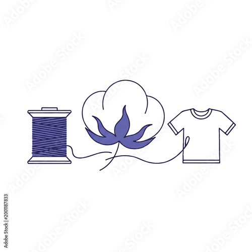 A single continuous line of indigo blue thread forming a spool that unravels into a large cotton leaf shape and then transforms into a simple t-shirt icon, representing sustainable fashion,