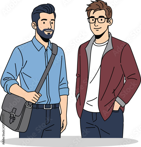 Two young male friends standing together in a casual and friendly pose illustration.