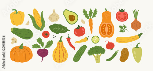 Set of illustrated vegetables. Healthy vegetarian food, salad