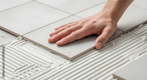 Hand Installing Ceramic Floor Tile with White Adhesive