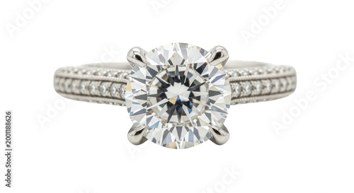 Diamond engagement ring with halo setting and pavé band on pristine white background.