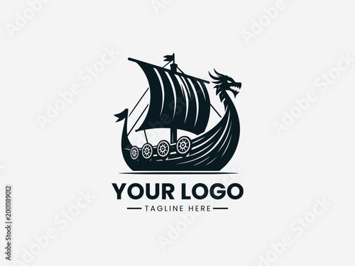 Viking Drakkar Ship black vector logo white background