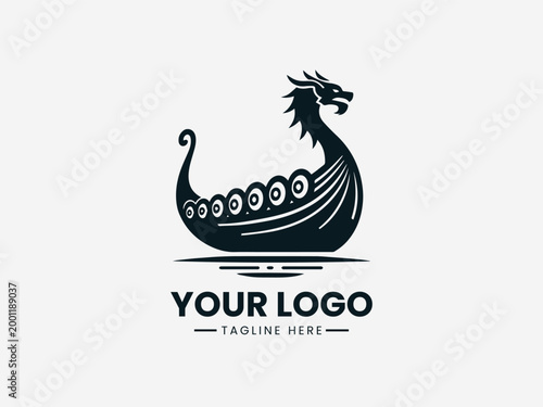 Viking Drakkar Ship black vector logo white background