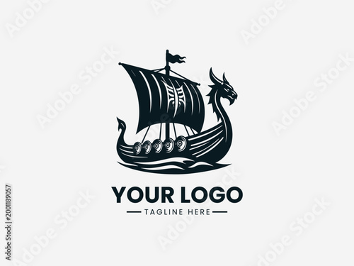 Viking Drakkar Ship black vector logo white background