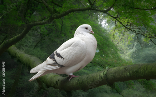 Close__up of a white pigeon on a green tree branch in the forest.