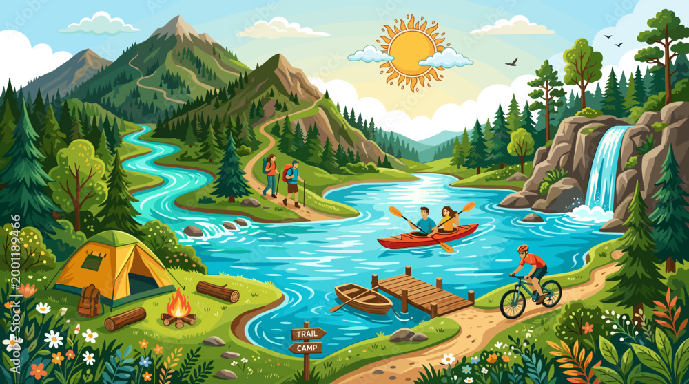 Fototapeta premium People enjoying outdoor activities by a serene river with a tent and campfire
