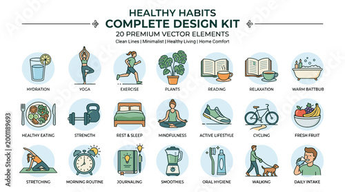 Healthy habits complete design kit with twenty premium vector elements for wellness and fitness icons